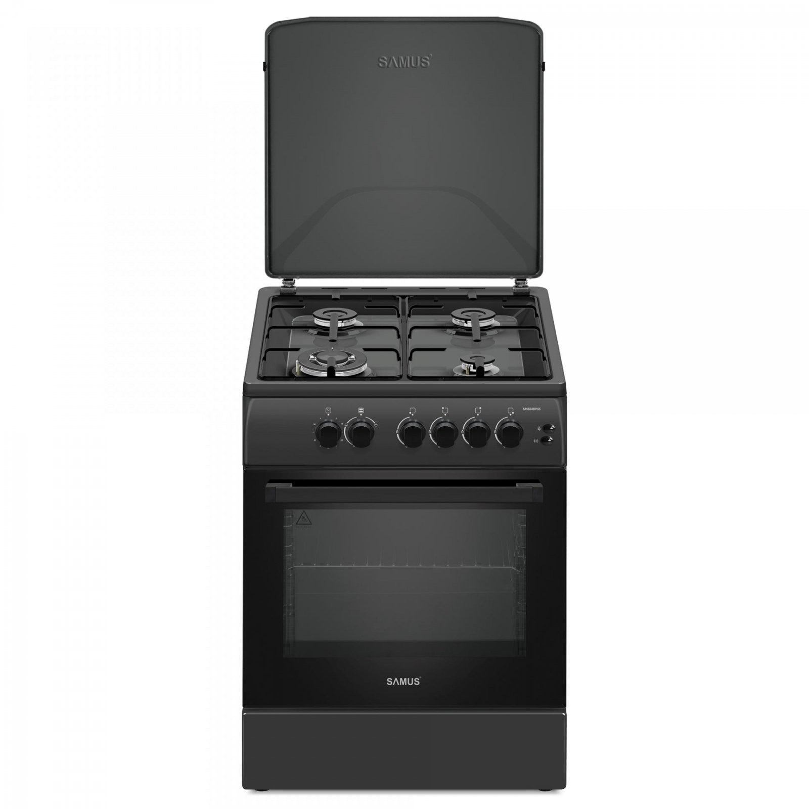 Aragaz Samus SM664BPGS, 4 arzatoare, 1 WOK, Cuptor gaz, Aprindere electrica, Siguranta plita si cuptor, Antracit