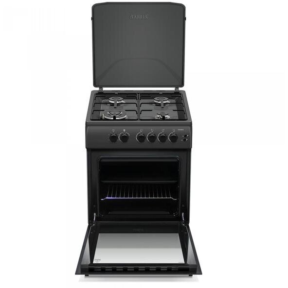 Aragaz Samus SM664BPGS, 4 arzatoare, 1 WOK, Cuptor gaz, Aprindere electrica, Siguranta plita si cuptor, Antracit
