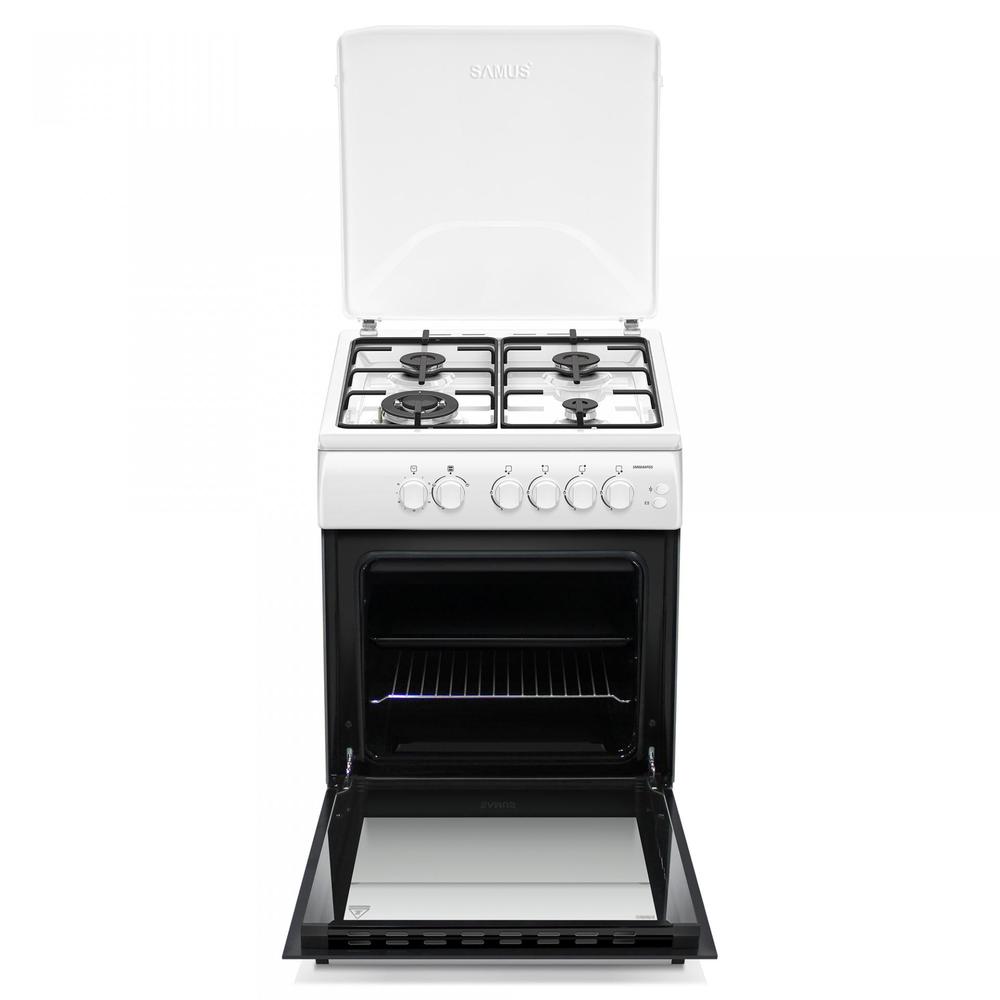 Aragaz Samus SM664APGS, 4 Arzatoare gaz, 1 Wok, Cuptor gaz, Aprindere electrica plita si cuptor, Timer, Grill, Alb