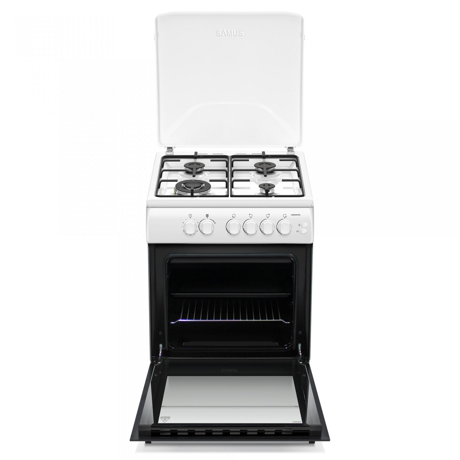Aragaz Samus SM664APGS, 4 Arzatoare gaz, 1 Wok, Cuptor gaz, Aprindere electrica plita si cuptor, Timer, Grill, Alb