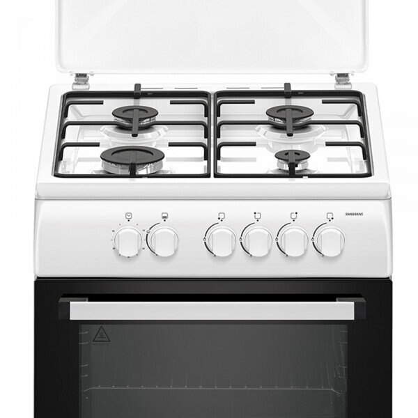 Aragaz Samus SM664ANS, 4 arzatoare pe gaz, Cuptor pe gaz, Geam dublu la cuptor, Timer, Sigurante plita si cuptor, Alb