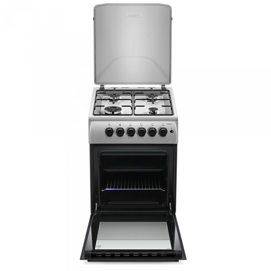 Aragaz Samus SM561XPBS, 4 Arzatoare gaz, Cuptor gaz, Aprindere electrica plita, Timer, Sigurante plita si cuptor, Inox/ Argintiu