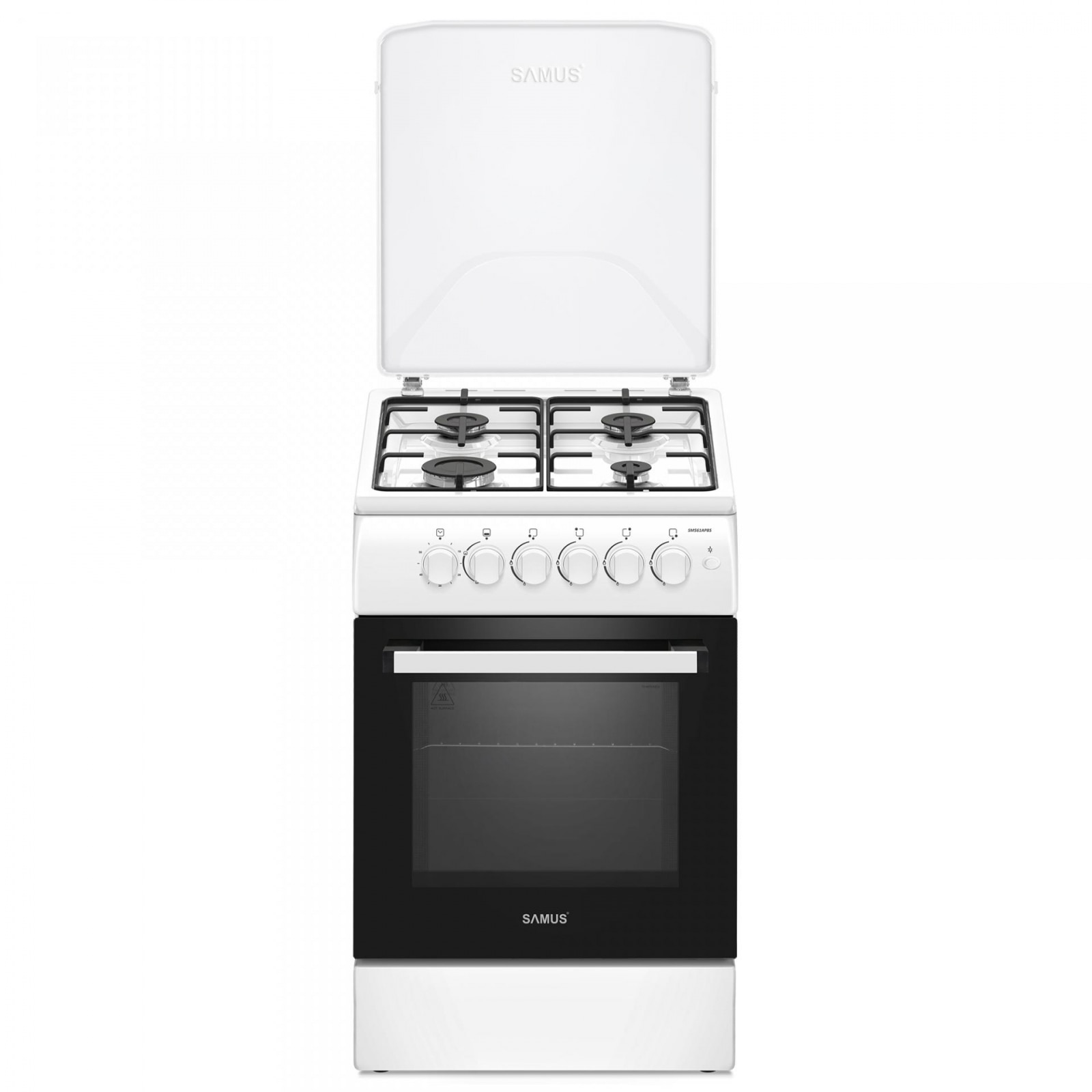 Aragaz Samus SM561APBS, Montat pentru utilizare cu GPL, Culoare alba 50 x 60 cm,4 arzatoare pe gaz, Cuptor pe gaz, Siguranta plita + cuptor, Aprindere electrica plita