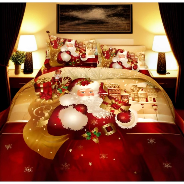 Комплект спално бельо, Original Dex, щампа Дядо Коледа, За двойно легло, Сатенено покритие, 6 части, 230x250 см, Червено-златисто