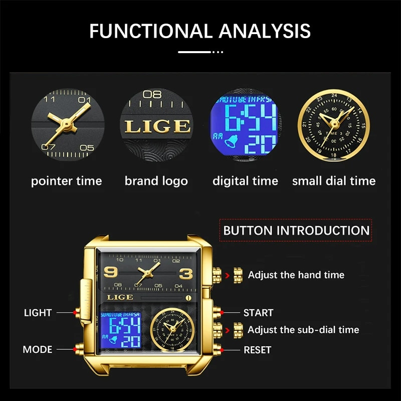 Lige Elegant Casual Luxury Fashion Digital Analog Dual Time Emag Bg