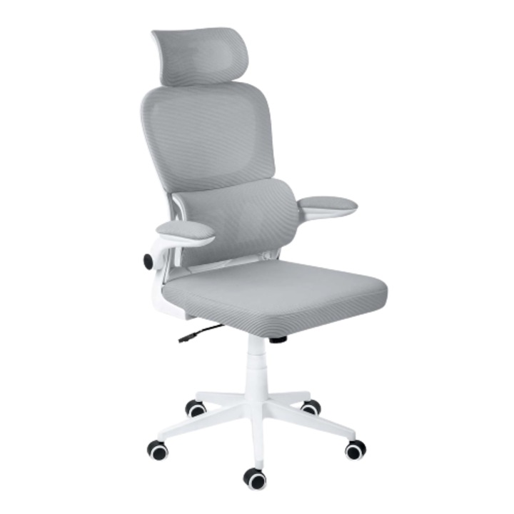 DacEnergy irodai szék, mikrohálós, modern stílusú, állítható magasságú, kontúros, ergonomikus ágyéki gerinctámasz, állítható fejtámla, ringató funkció, szürke