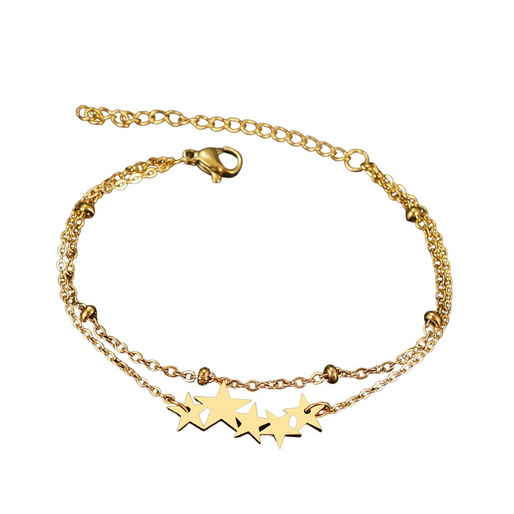 Bratara dama, model dublat cu accesorii bilute, tematica night sky, pandantiv fantezie de stelute, reglabila, aurie, EFAYN