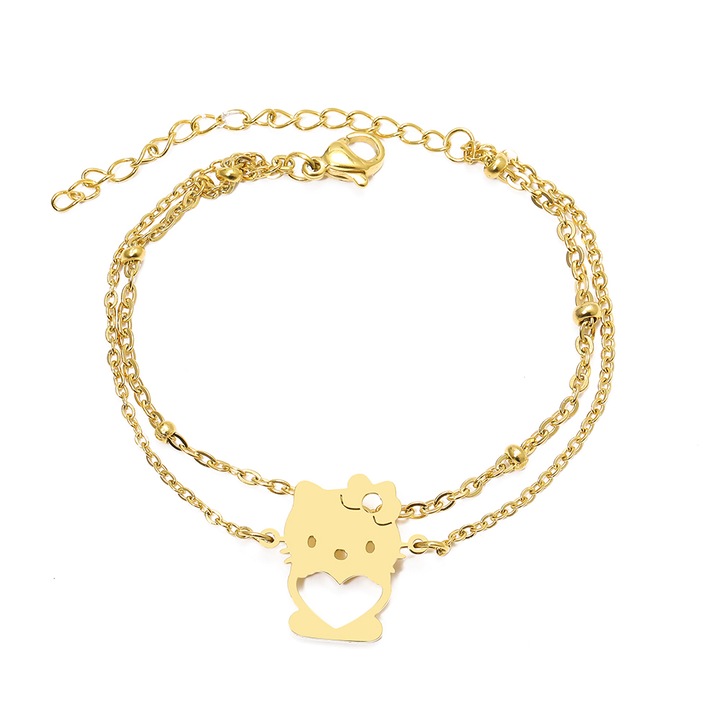 Bratara dama, model dublat cu accesorii bilute, tematica desene animate, pandantiv love kitty, reglabila, aurie, EFAYN