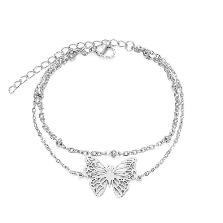 Bratara dama, model dublat cu accesorii bilute, tematica beautiful butterfly world, pandantiv fluturas, reglabila, argintie, EFAYN