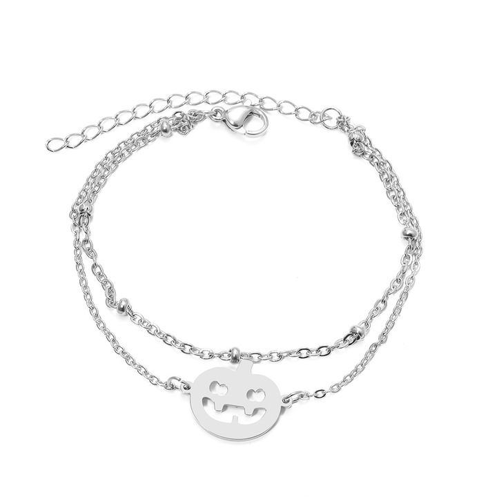 Bratara dama, model dublat cu accesorii bilute, tematica scary halloween, pandantiv dovleac hazliu, reglabila, argintie, EFAYN