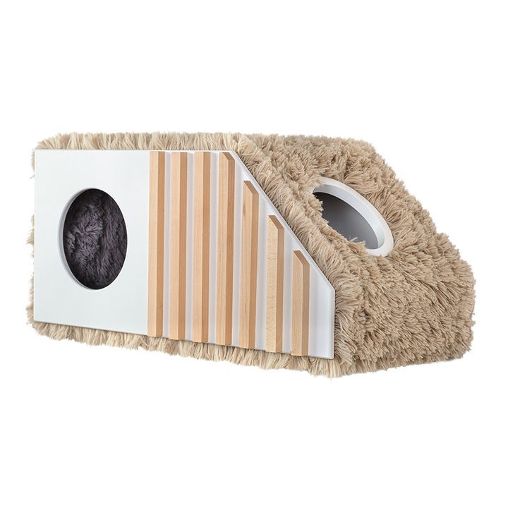 Casuta pentru pisici de perete, din lemn, blanita textila crem si sisal in interior