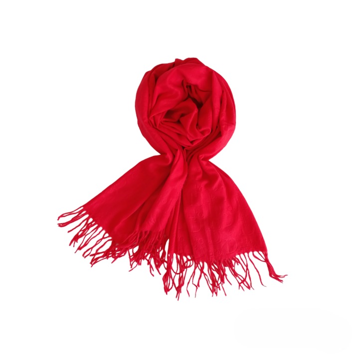 Esarfa Dama tip Sal din Vascoza si Lana, Capete Franjurate, Uni, Imprimeu in relief, 200 x 75cm, Rosu
