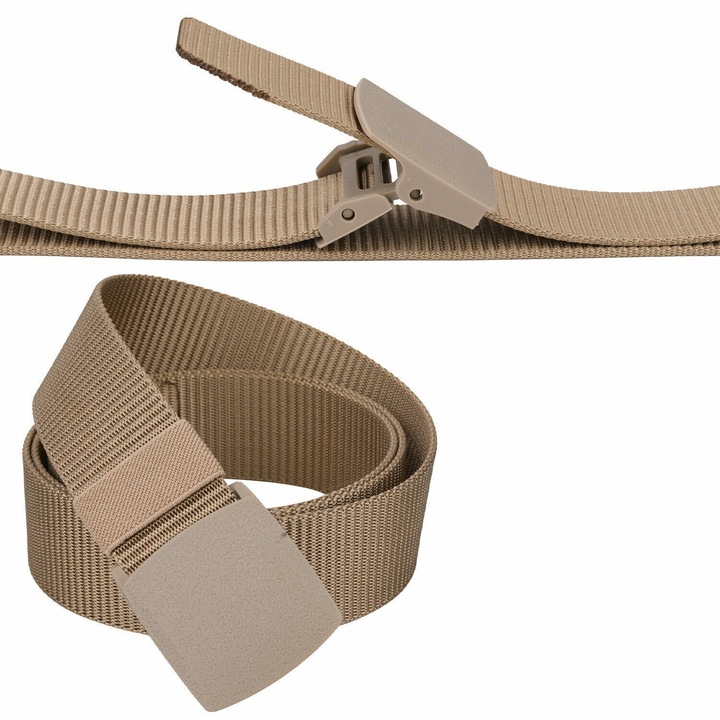 Curea tactica, KOTYS, textila, reglabila, catarama nylon, 125 x 3.8 cm, pentru airsoft, trekking, vanatoare, pescuit, culoare bej