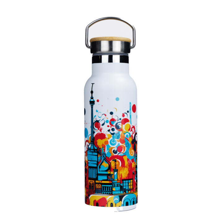 Sticla termica Dr.Bacty Iris inox 500ml Alb Colorful City bauturi calde reci termos calatorie birou reutilizabil sigur practic anti scurgere izolare termica design modern elegant usor