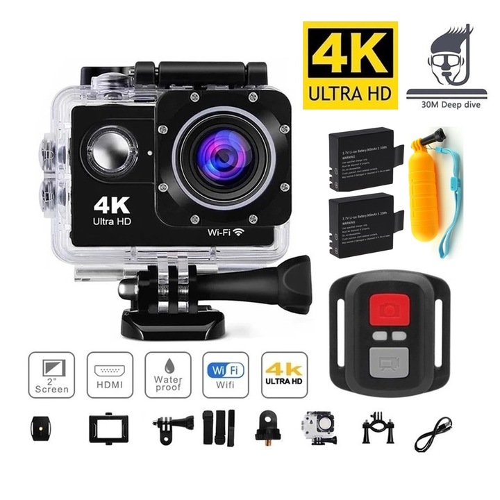 Спортна екшън камера 1Tech, Модел GoPlus CamPro, Две батерии, Плувка ръкохвадка, WIFI, 170 градуса, HDMI, Аксесоари, Водоустойчивост, Черен