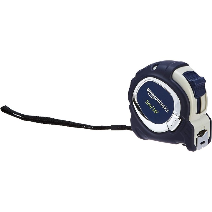 Ruleta metalica 5m Amazon Basics, Heavy Duty, cu protectie cauciuc, buton 3 functii