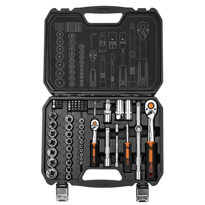 Комплект гаечни ключове NEO Tools, 73 части, 1/2" и 1/4", хром-ванадиева стомана, сребрист, в пластмасова кутия