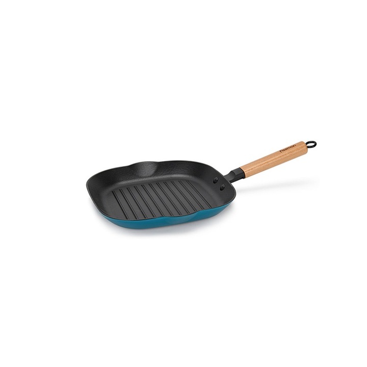 Tigaie grill Fissman, fonta emailata/lemn, 28x28x3 cm, albastru