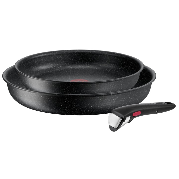 Set 3 piese Tefal Ingenio Black Stone, inductie, tigaie 24/28 cm, 1 maner detasabil, invelis antiaderent Mineralia+, indicator Thermo-Signal, baza Thermo-Fusion, negru