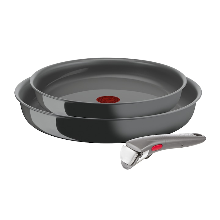Tefal Ingenio Renew комплект от 3 части, тиган 24/28 см, подвижна дръжка, незалепващо покритие, индикатор Thermo-Signal™, сив