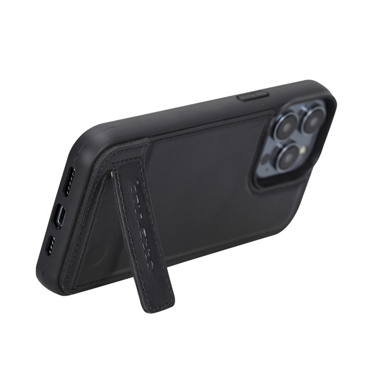 iPhone 14 Pro Vékony természetes bőrtok + puha TPU keret, Magsafe-vel, állvány funkció, back cover típus, Bouletta Flex Cover Base, Fekete - Rustic black