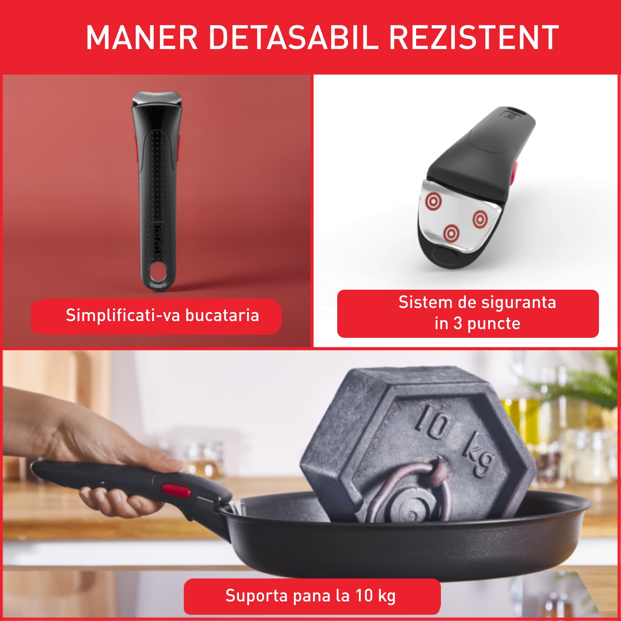 Set 7 piese Tefal Ingenio Black Stone, cratite 16/28/24cm, tigai 24/28 cm,  wok 28cm, maner detasabil, invelis antiaderent Mineralia+, indicator  temperatura Thermo-Signal, negru 