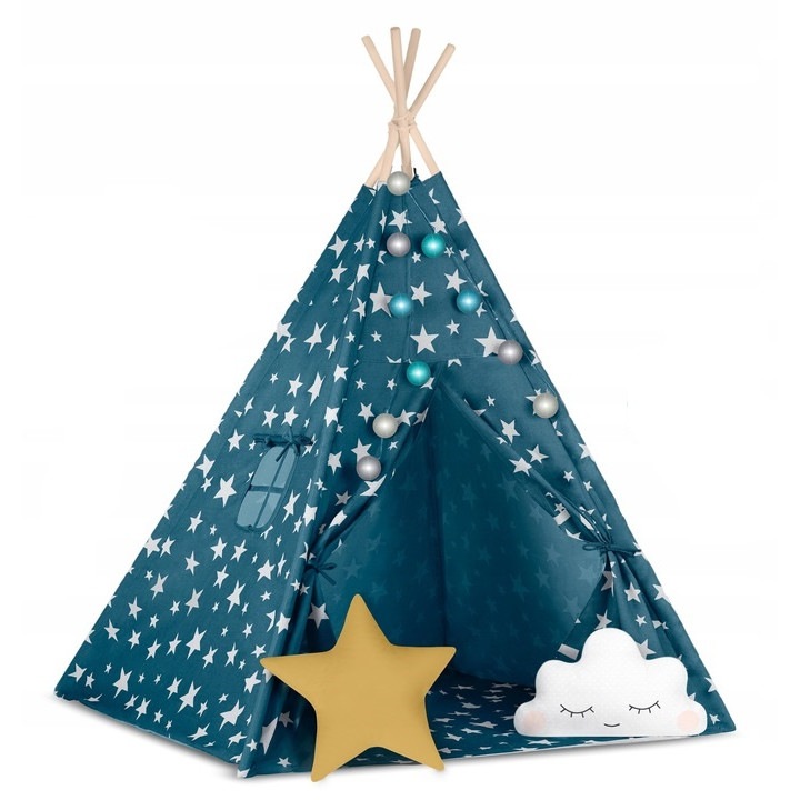 Cort indian Nukido cu sir de lumini + accesorii cadou - Star - Albastru