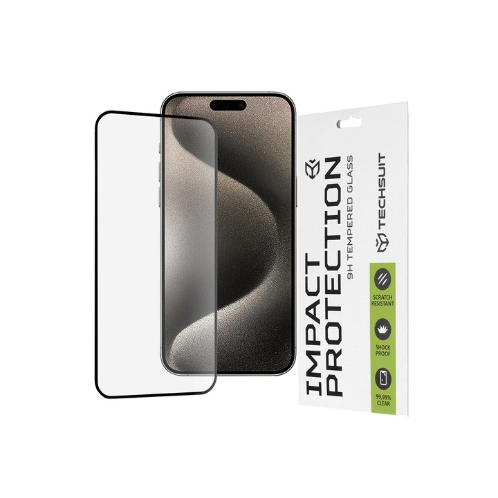 Протектор за екран Techsuit за Apple iPhone 15 Pro Max, закалено стъкло, пълно лепило, 111D, черен