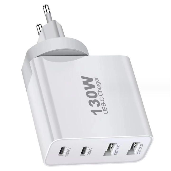 Мрежово зарядно устройство, ZYuuan, технология на галиев нитрид, GaN, 130W, USB-C/USB, ZYuuan, Бял