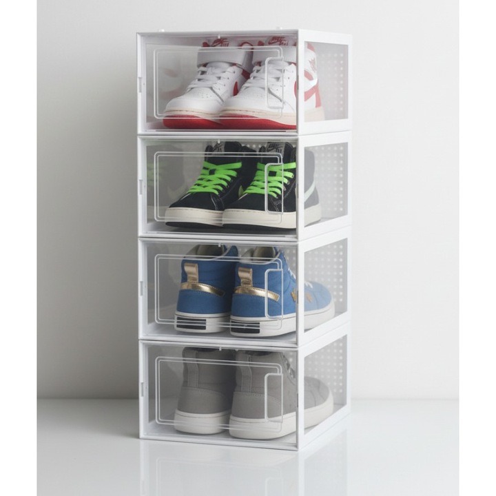Set 4 cutii depozitare Incaltaminte, cu fereastra, plastic transparent, 33.4x23x14.5 cm