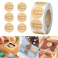 Rola 500 etichete autoadezive, Handmade with Love, Pentru cadouri de casa, cutii de panificatie, gemuri de casa, cutii de prajituri, plicuri, album de amintiri, Kraft, 3.8 cm, Maro