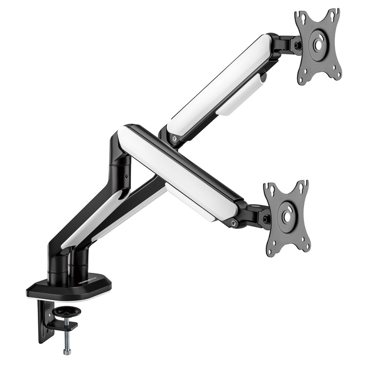 Suport 2 monitoare 17-32" inch, Brat dublu Reglabil Asistat StableDesk, Pana la 9 kg/ecran, Organizator cabluri, Stil Minimalist pentru Birou Office, Gaming, Prindere cu clema/surub in blat, Negru mat