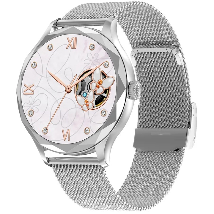 LikeSmart ISP Diamond Watch okosóra, 1,3 hüvelykes AMOLED kijelző, román nyelvű menü, Bluetooth hívás, SPo2 oximéter, hívások és közösségi hálózatok értesítései, pulzusmérő, Diamond Metalic Silver