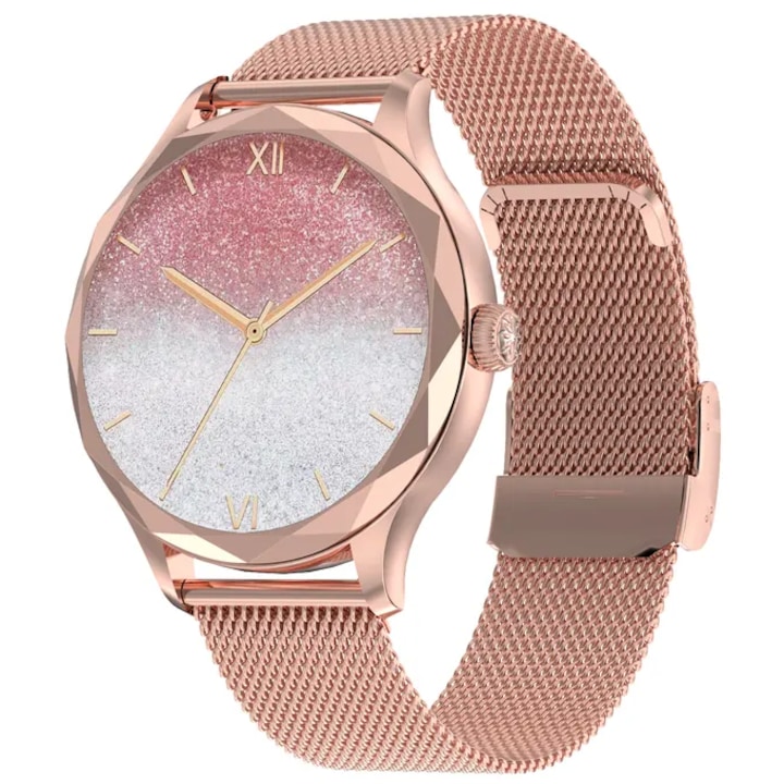 LikeSmart ISP Diamond Watch okosóra, 1,3 hüvelykes AMOLED kijelző, román nyelvű menü, Bluetooth hívás, SPo2 oximéter, hívások és közösségi hálózatok értesítései, pulzusmérő, Diamond Metalic Gold