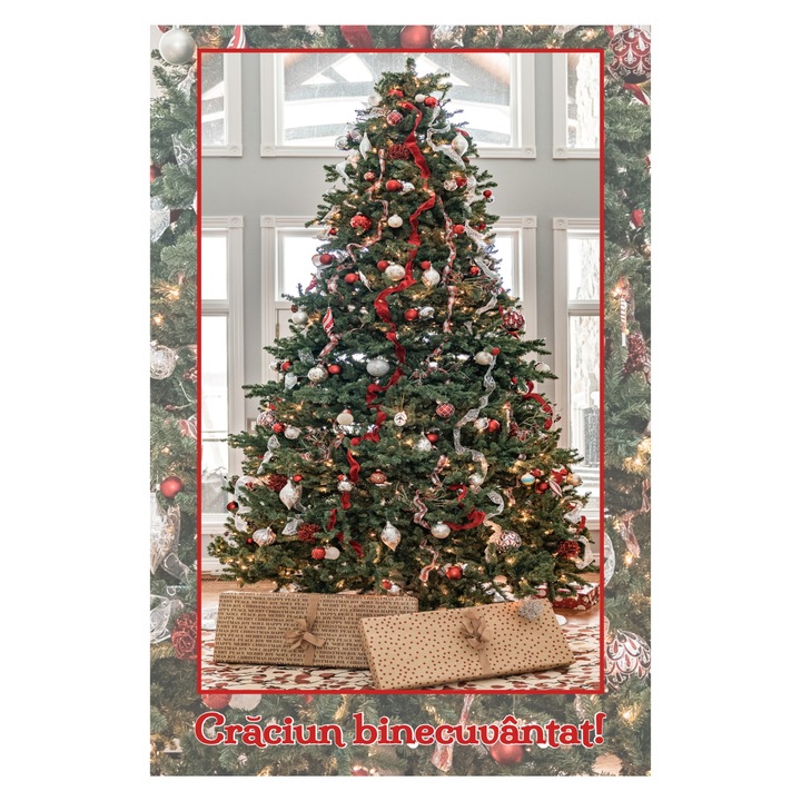 Felicitare de Craciun, "Craciun binecuvantat!", imagine cu brad, 120x180 mm, carton 300 gr, cu plic alb