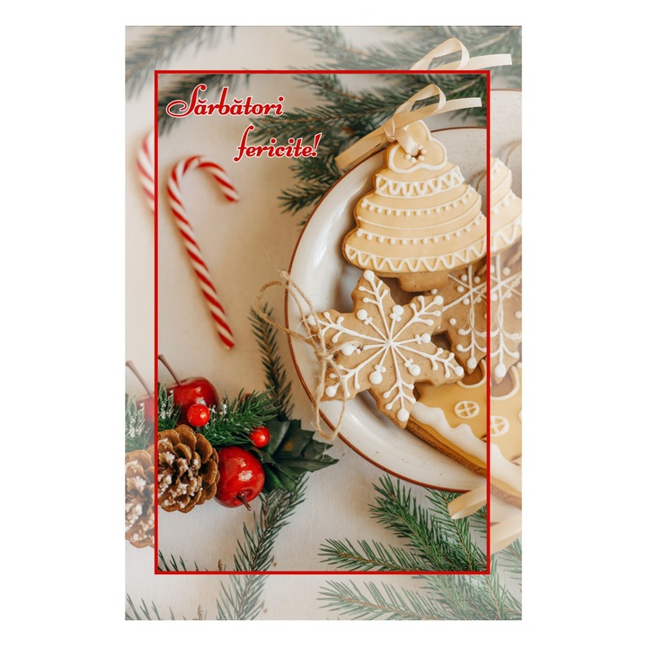 Felicitare de Craciun, "Sarbatori fericite!", imagine cu prajituri, 120x180 mm, carton 300 gr, cu plic alb
