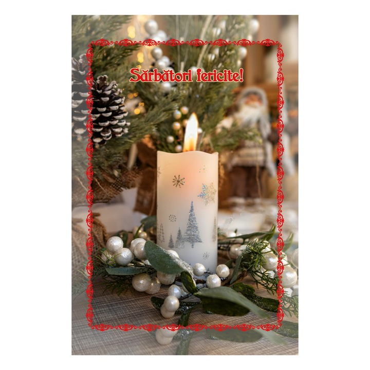 Felicitare de Craciun, "Sarbatori fericite!", imagine cu lumanare, 120x180 mm, carton 300 gr, cu plic alb