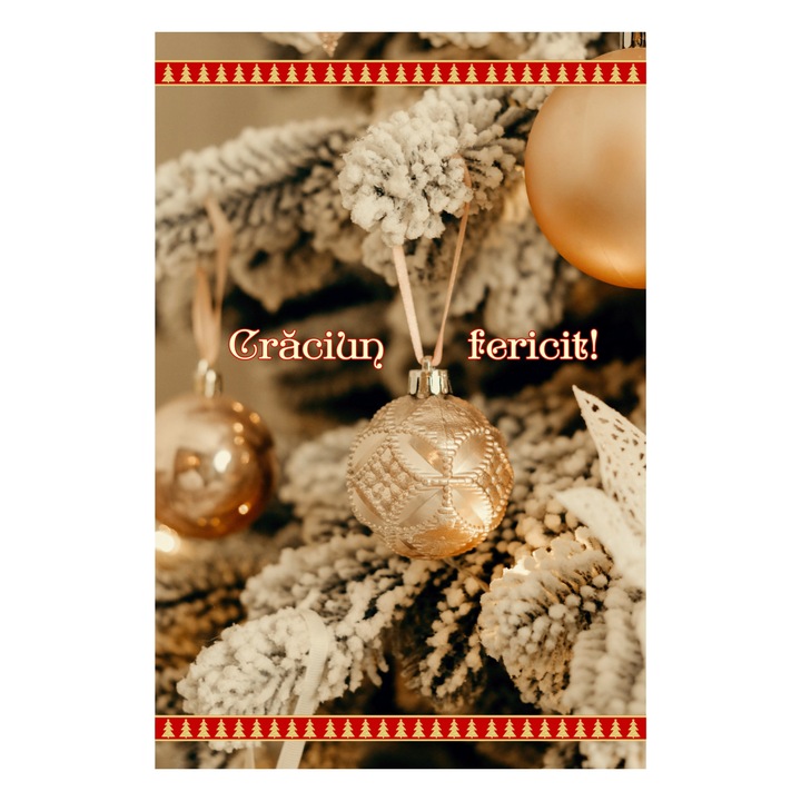 Felicitare de Craciun, "Craciun fericit!", imagine cu globuri, 120x180 mm, carton 300 gr, cu plic alb