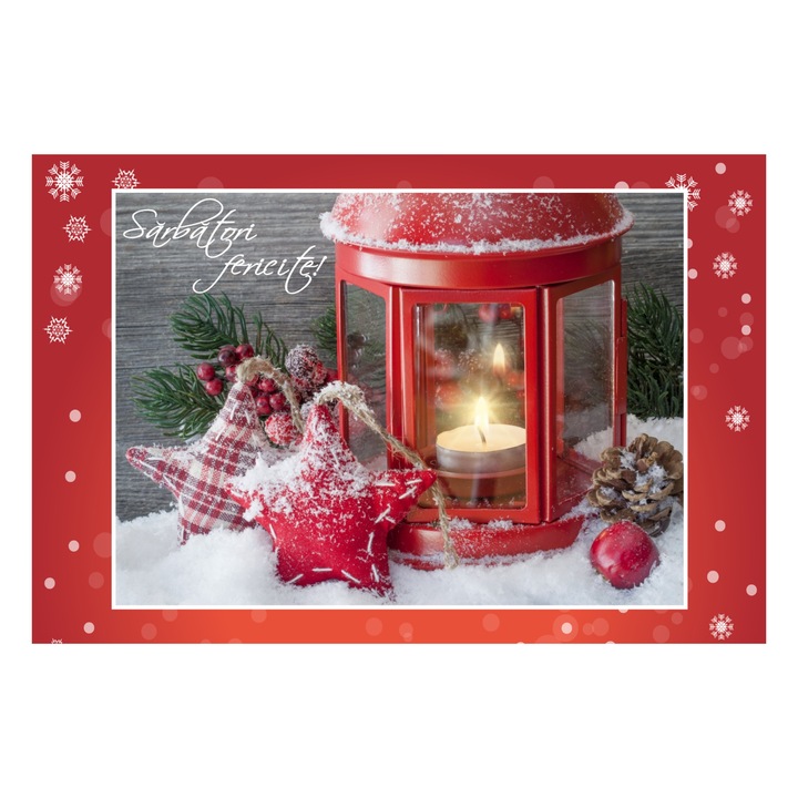 Felicitare de Craciun, "Sarbatori fericite!", imagine cu stelute, 120x180 mm, carton 300 gr, cu plic alb