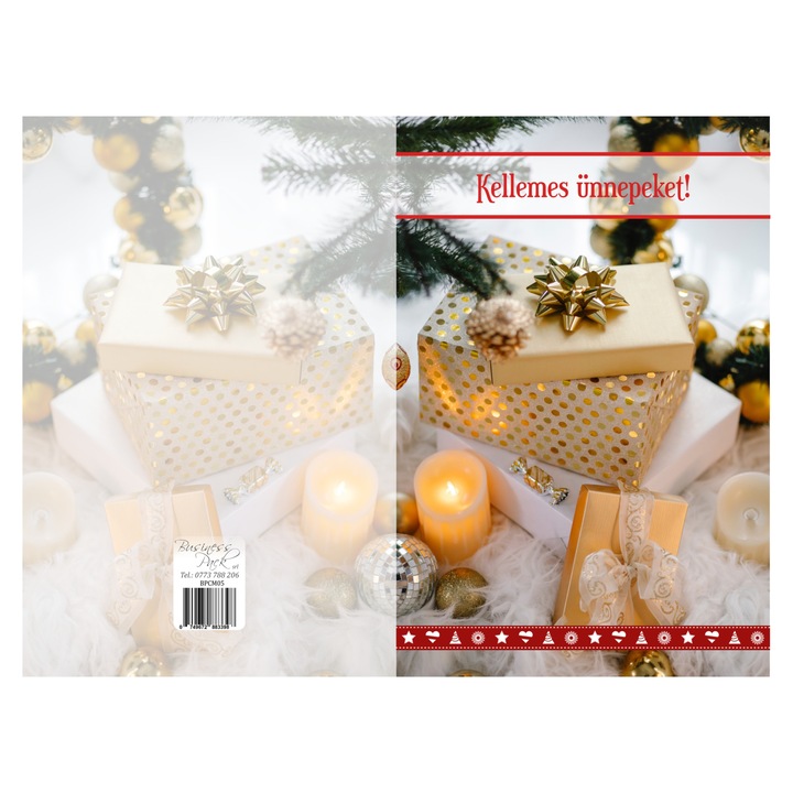 Felicitare de Craciun, limba maghiara, "Kellemes unnepeket!", imagine cu cadouri, 120x180 mm, carton 300 gr, cu plic alb