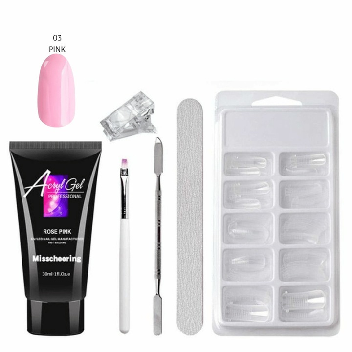 Set de constructie unghii artificiale cu gel acrilic, Misscheering, 03 Roz, 30 ml