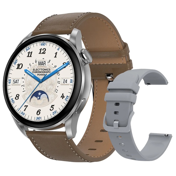 SmartWatch LikeSmart™​​​​​​​ Dynamic FiT, 1,36" IPS, Bluetooth разговори, меню на румънски език, SpO2 пулсов оксиметър, кръвно налягане, сърдечен ритъм, безжично зареждане, 2 силиконови каишки и кожена кафява звезда