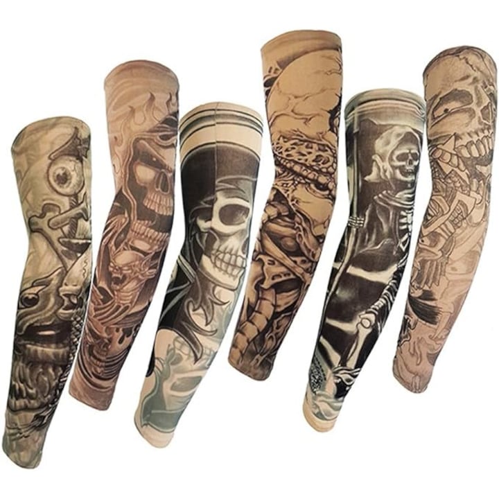 Set 6 maneci tatuaje, Aisdelu, print 3d, cu protectie solara pentru brate, marime universala, unisex