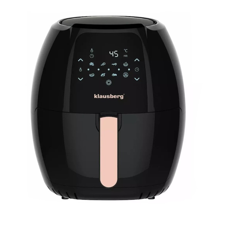 Friteuza cu aer, cos din otel inoxidabil acoperit cu teflon, panou de control al temperaturii, putere 1700 W, doua cosuri, negru si argintiu