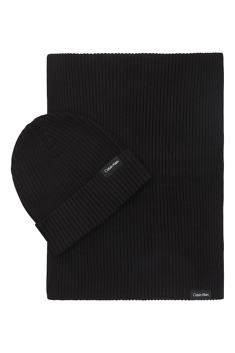 CALVIN KLEIN, Раиран комплект шал и шапка, черен