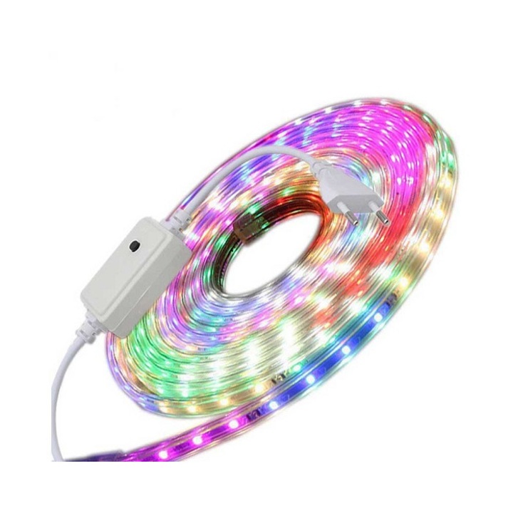 Rola banda led multicolora cu alimentator, RGB, lungime 10 metri, 60 led/1ml, 220V, IP65
