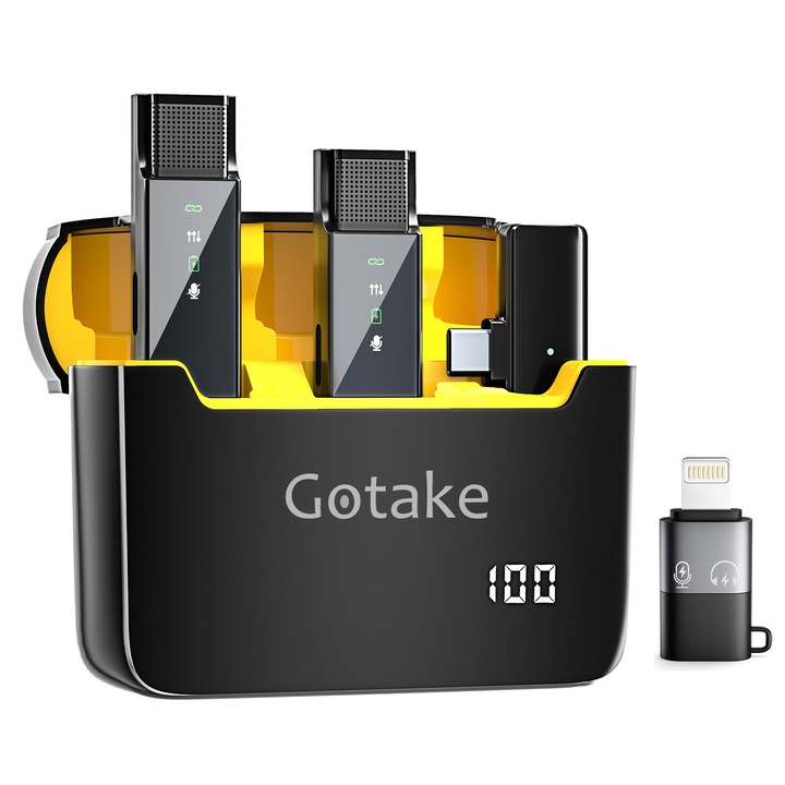 Set 2 Microfoane Lavaliera, Type C, Gotake, Wireless, Modul Mute, Carcasa Magnetica Protectie si Incarcarcare cu Afisaj Digital, Negru