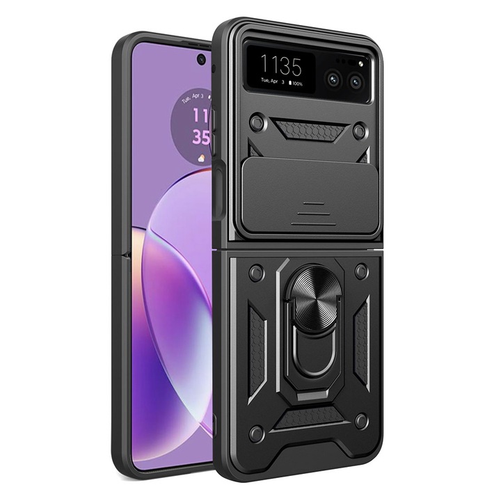 Капак със защита на камерата за Motorola Razr 40, Armor with Ring, Covered Camera Anti Spy, Lens Cover, Full Protection, Top Quality, Black