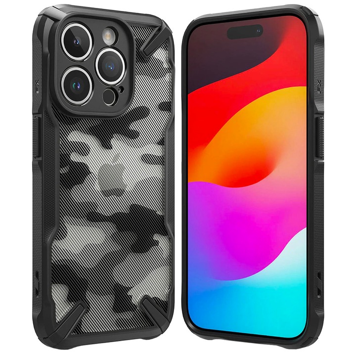 Дизайнерски калъф Optim Tech X за Apple iPhone 15 Plus, Fusion Smart Protection, Anti-Impact, Extra Grip Texture, Anti-Drop, Military-Grade Protection, Black Camouflage
