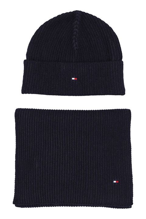 Tommy Hilfiger, Set de caciula din amestec de bumbac organic si fular, Albastru ultramarin